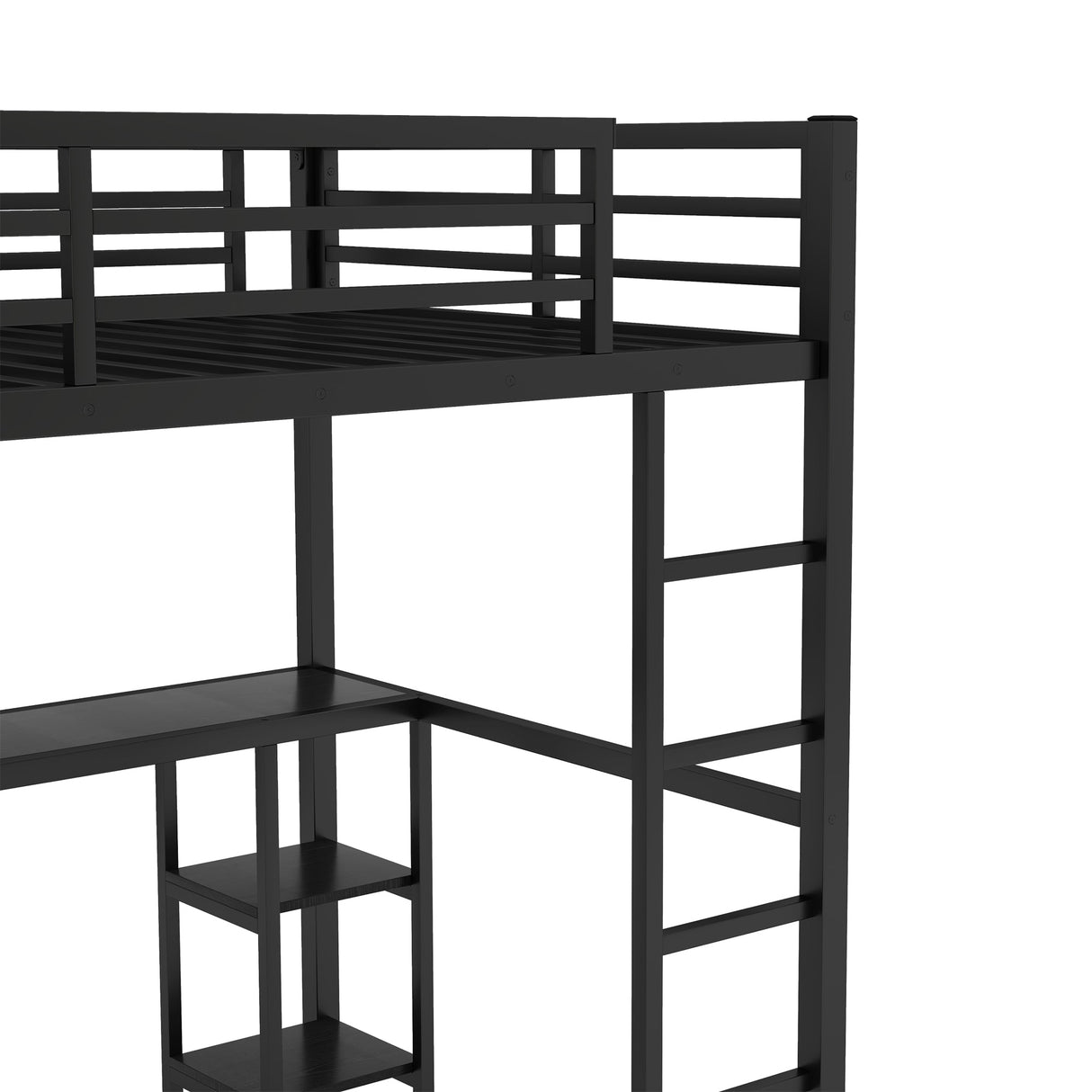 Full Size Loft Bed Frame with Built-in Wardrobe, Metal Loft Bed with Desk and Storage Shelves