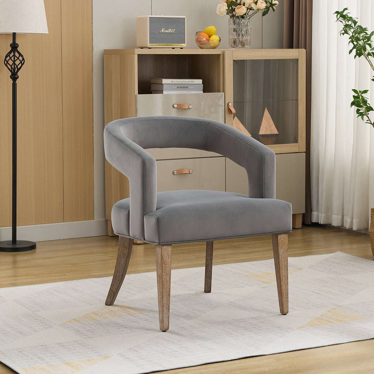 Modern Barrel Open Back Upholstered Accent Chair with Weathered Solid Wood Legs
