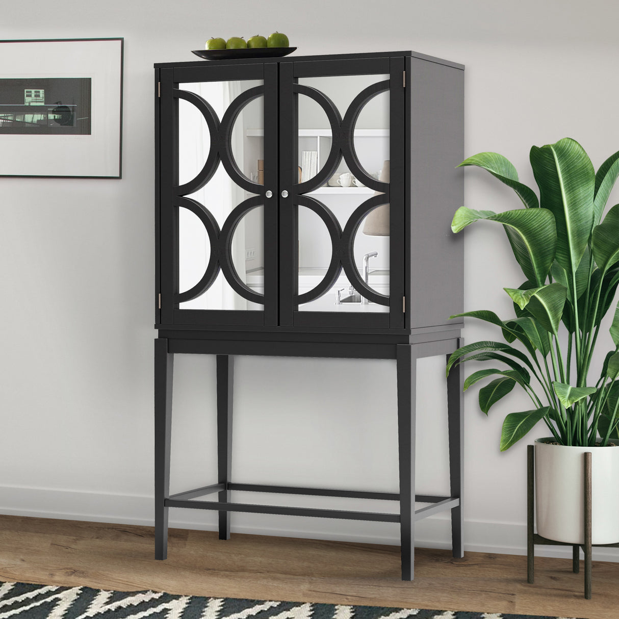 Wine cabinet solid rubber wood rack double mirror door bar cabinet kitchen organizer with glass holder sideboard for dining room