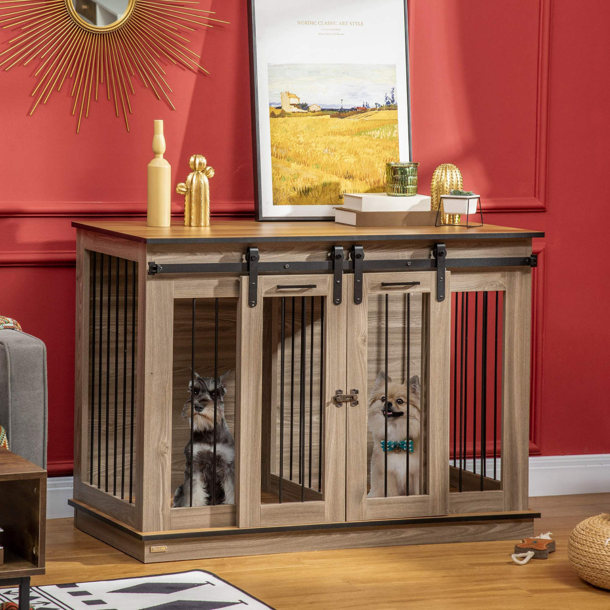 Dog Crate End Table for Small to Large Dogs, with Double Doors  and divider, 47"W x 23.5"D x 35"H, Oak
