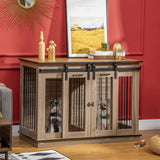 Dog Crate End Table for Small to Large Dogs, with Double Doors  and divider, 47"W x 23.5"D x 35"H, Oak