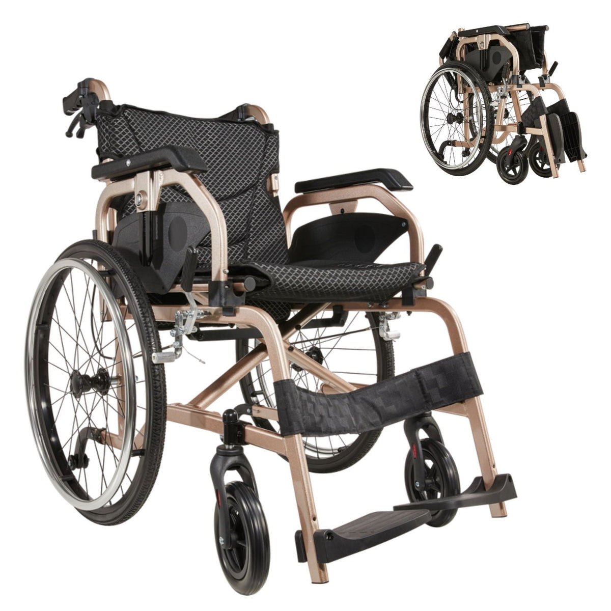 Premium Lightweight Foldable Transport Wheelchair for Adults with Double Brakes - Gold or Gray