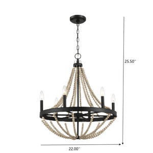 Starry - Chandelier 6 Candle Light Wood Beaded Pendant Light For Dining Room - Black / Clear