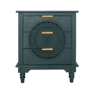 Hollow Carved 3 Drawer Dresser With Metal Handles, Storage Chest For Living Room Or Bedroom - Blackish Green