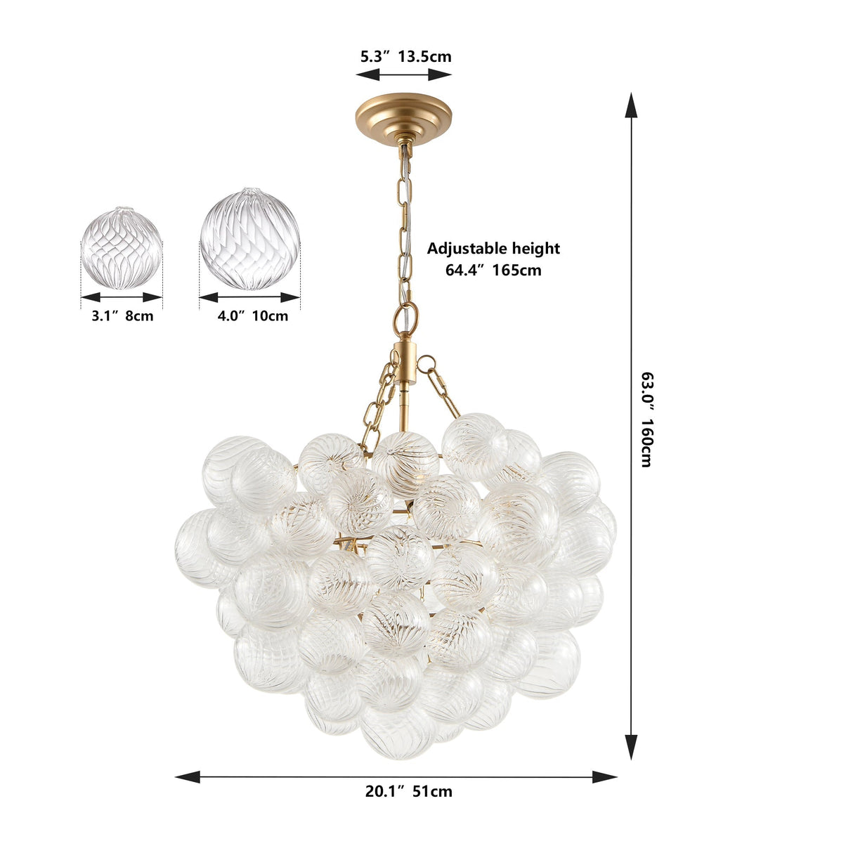 20-Inch Gold Pendant Light Chandelier with Threaded Clear Glass Globe Shade