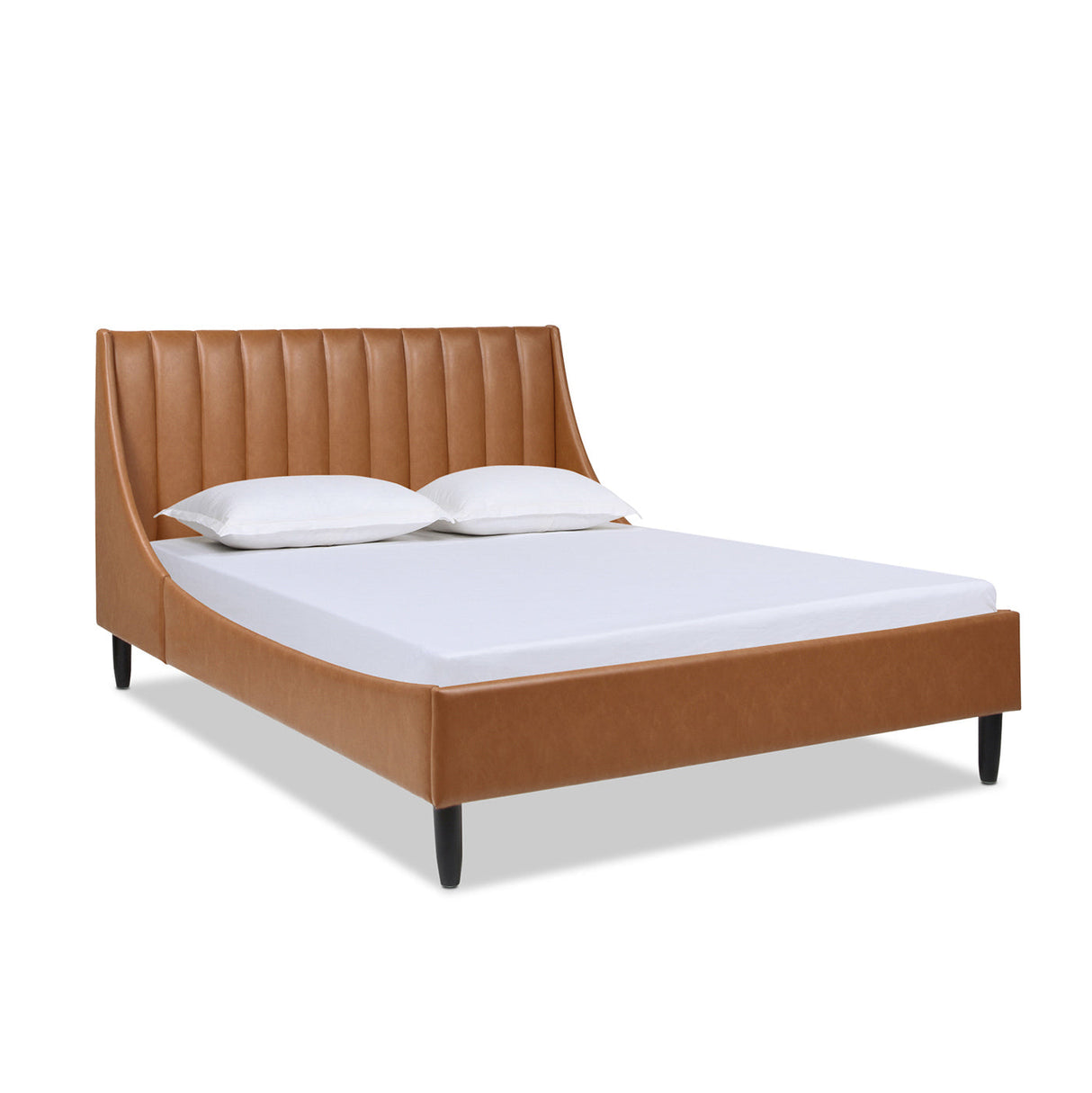 Aspen Vertical Tufted Modern Headboard Platform Bed Set, Queen, Caramel Tan Brown Faux Leather