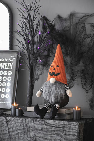 Sitting Gnome With Knit Hat, For Halloween Decor - Black / Orange / White