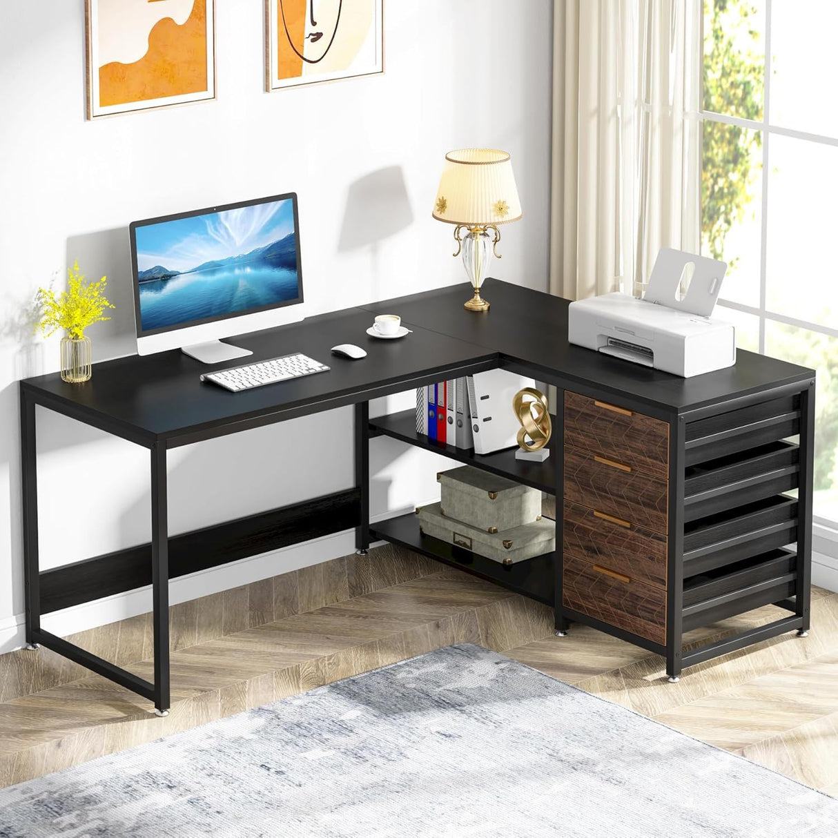 L-Shaped Computer Desk With Drawers and Shelves, Workstation for Home Office