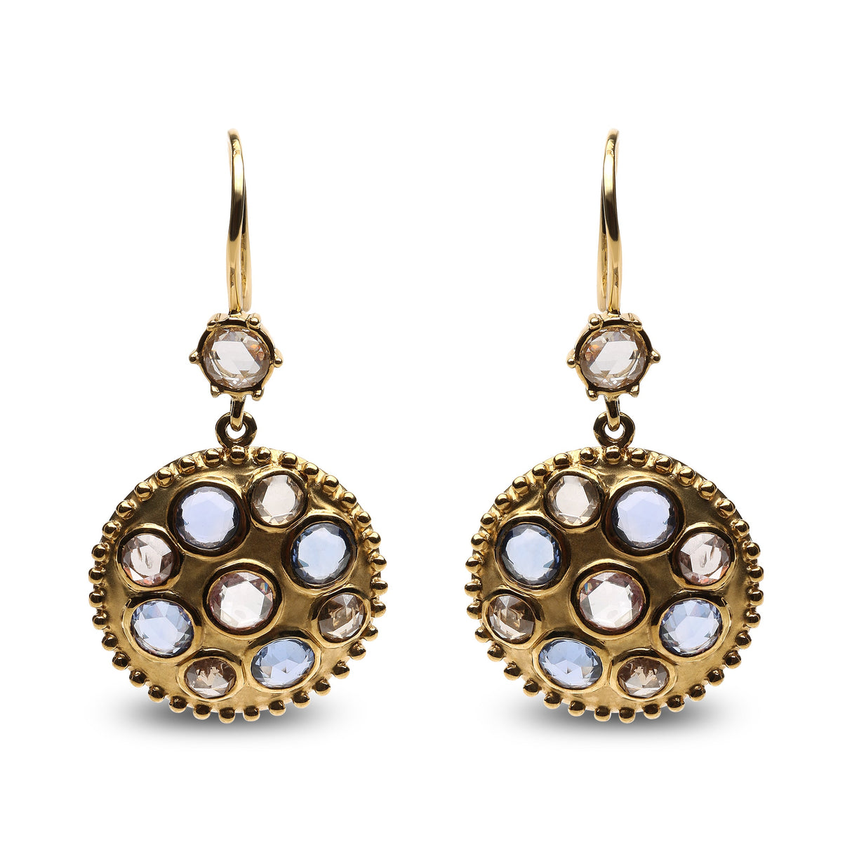 18K Yellow Gold 1 2/3 Cttw Diamond and Blue Sapphire Bezel Set Gemstone Cluster Medallion Dangle Earrings (Brown and G-H Color, SI1-SI2 Clarity)