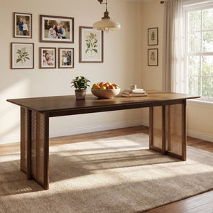 Walnut-Colored Rubber Wood Dining Table with Rattan Accents