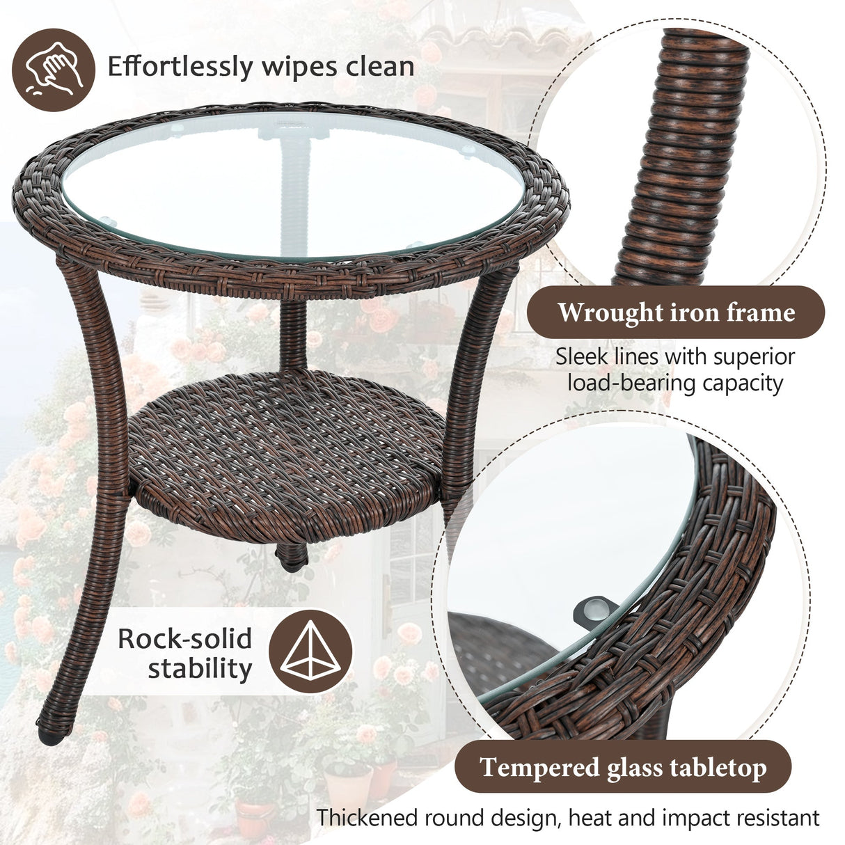 U_STYLE Outdoor Leisure Set, 2 Rattan Single Chairs with Glass Round Table