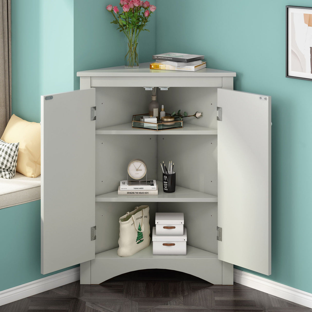Triangle Bathroom Storage Cabinet With Adjustable Shelves, Freestanding Floor Cabinet For Home Kitchen