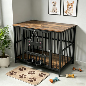 Vintage Wood Grain Dog Cage with Rotating Bowl