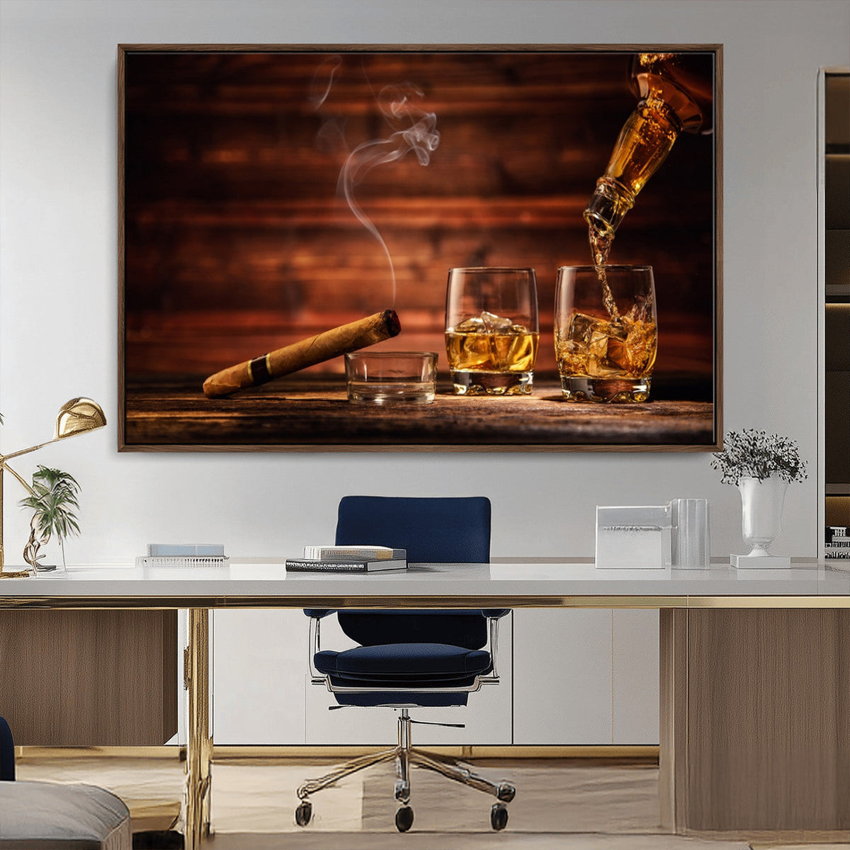 Whiskey and Cigar Wall Art Canvas | 3 Panel Bar Room Decor