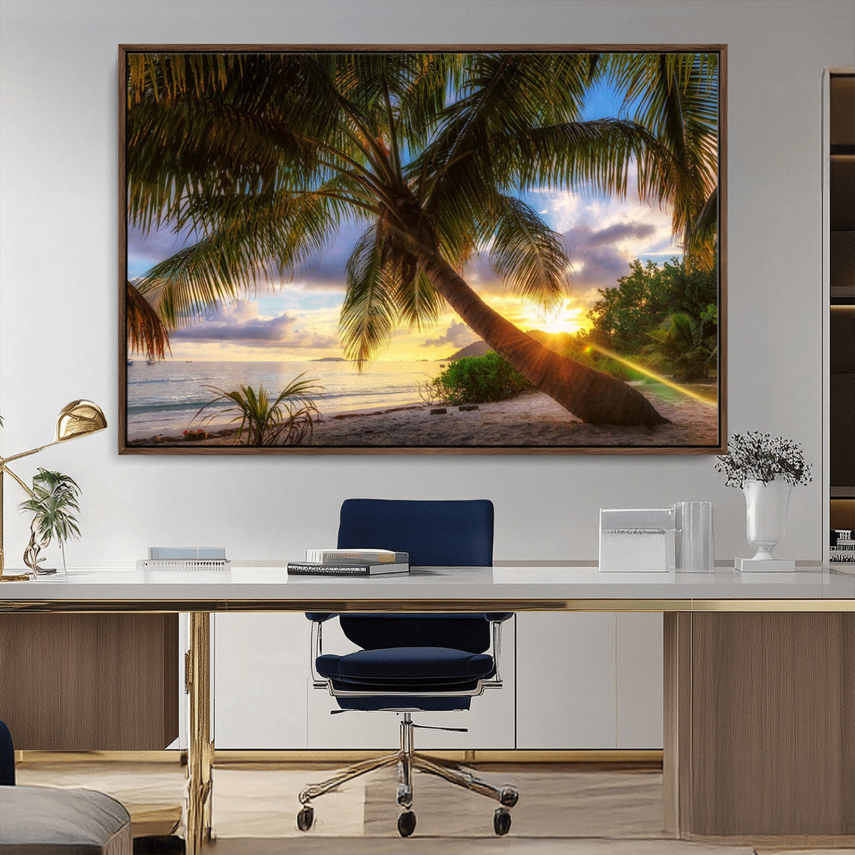 Tropical Island Sunset on the Beach Palms Wall Art Canvas