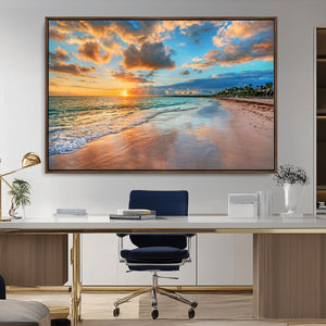 Sunset Ocean Waves on Tropical Beach, 3-Panel Giclee Canvas