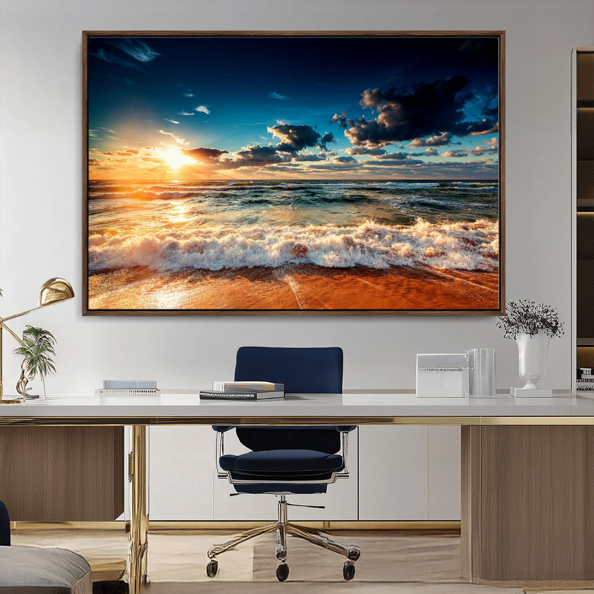 Golden Hour Sunset Over Ocean Waves Wall Art Canvas Print |