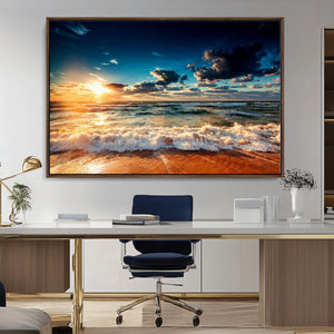 Golden Hour Sunset Over Ocean Waves Wall Art Canvas Print |