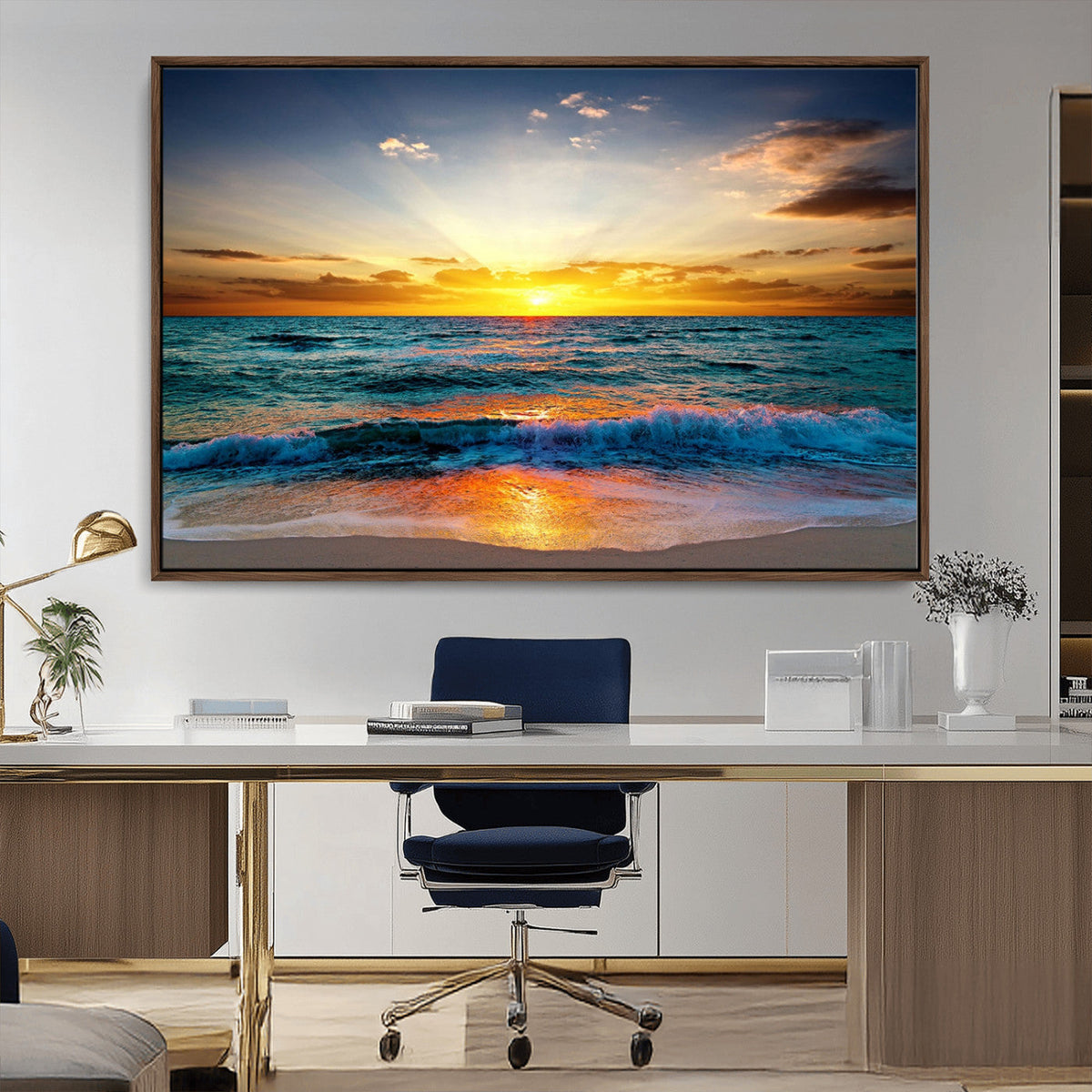 Vibrant Ocean Sunrise Over Golden Beach Waves, Giclee Canvas