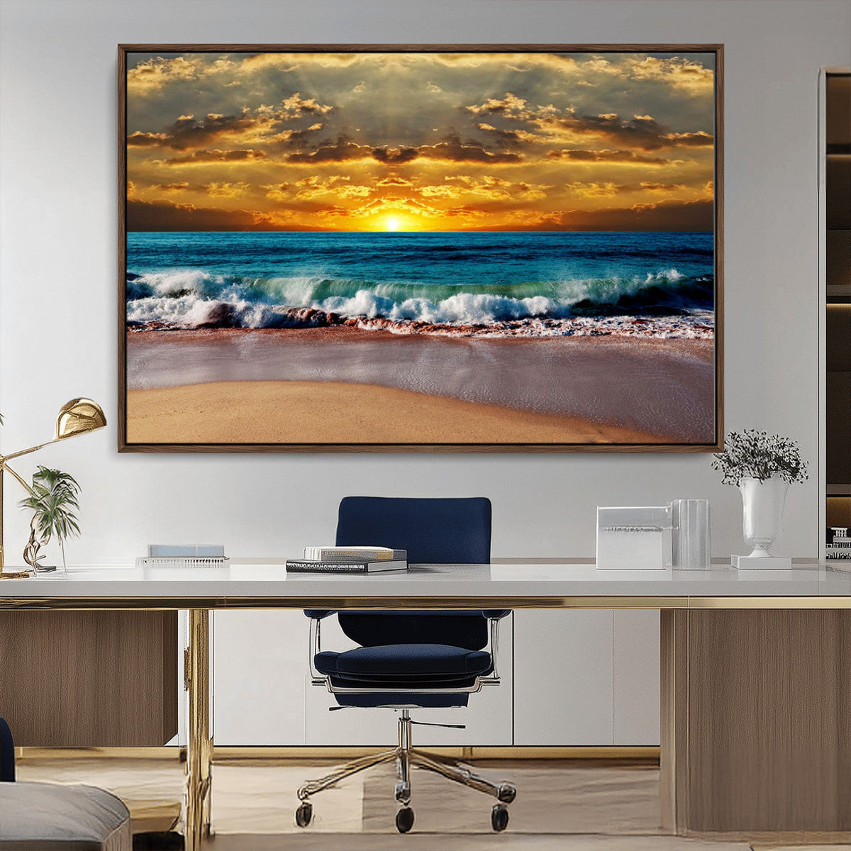 Ocean Sunrise Over Golden Beach Waves, Giclee Canvas Wall
