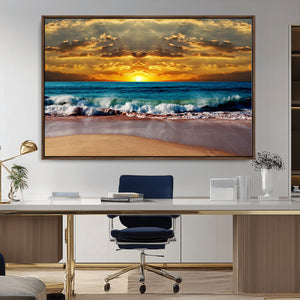 Ocean Sunrise Over Golden Beach Waves, Giclee Canvas Wall