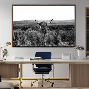 Black and White Highland Cow Canvas Wall Art, Longhorn
