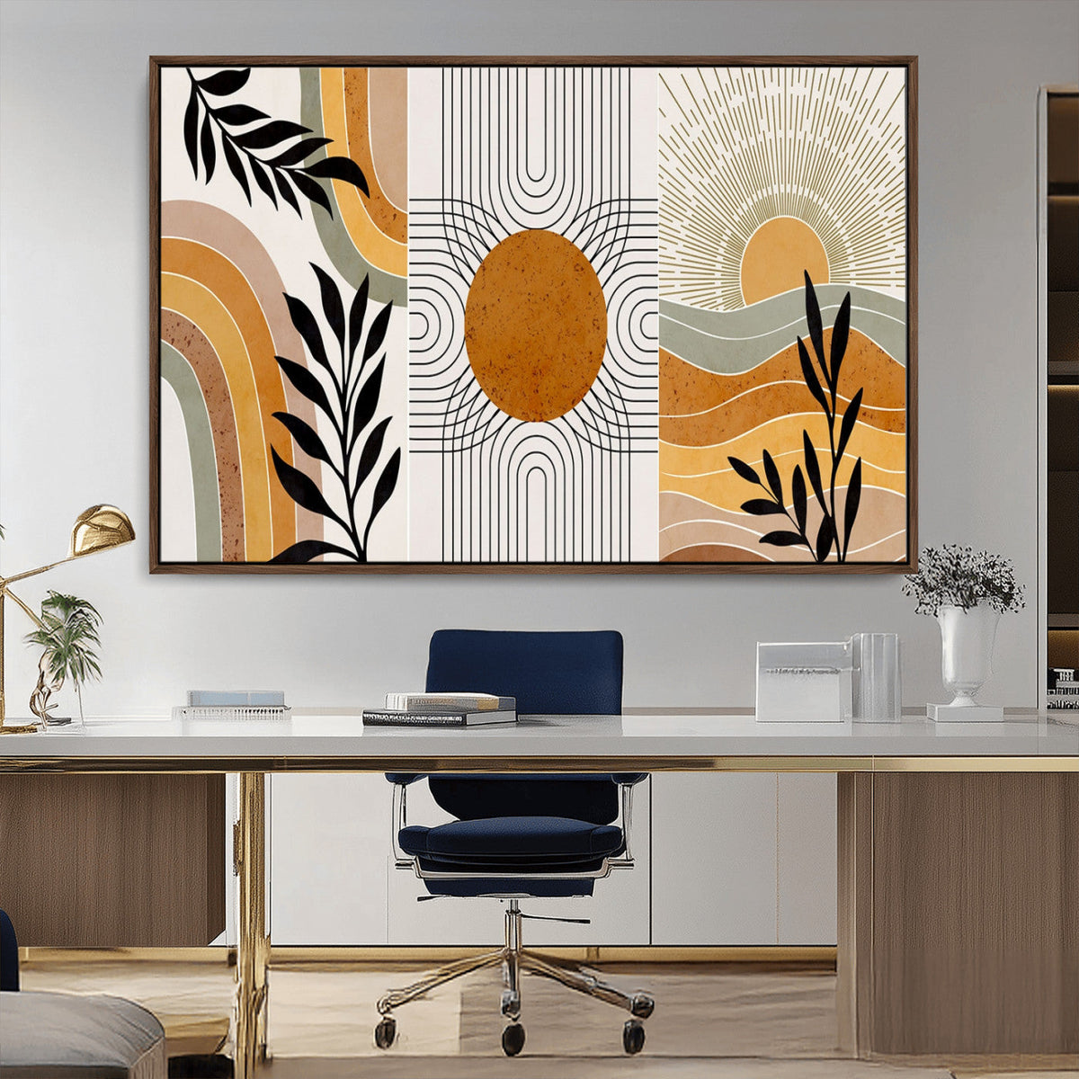 Modern Boho Sun and Leaf Abstract Art – 3-Panel Giclée