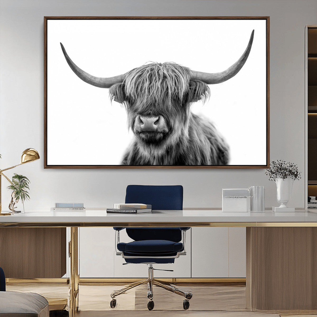 Grayscale Scottish Highland Cow Cattle Art Print Farmhouse