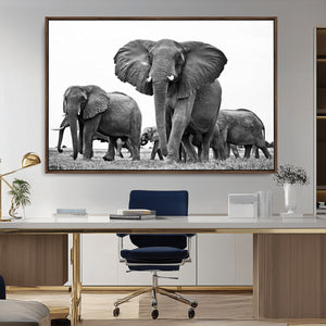 Black White Elephant Family Wall Art Canvas Print
