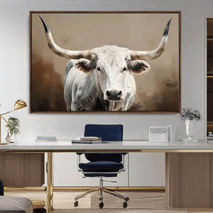 White Longhorn Bull Wall Art Canvas Print – Framed and Ready