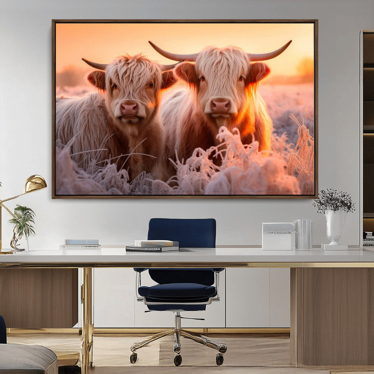 Highland Cows at Sunrise Wall Art Canvas Set – Serene and