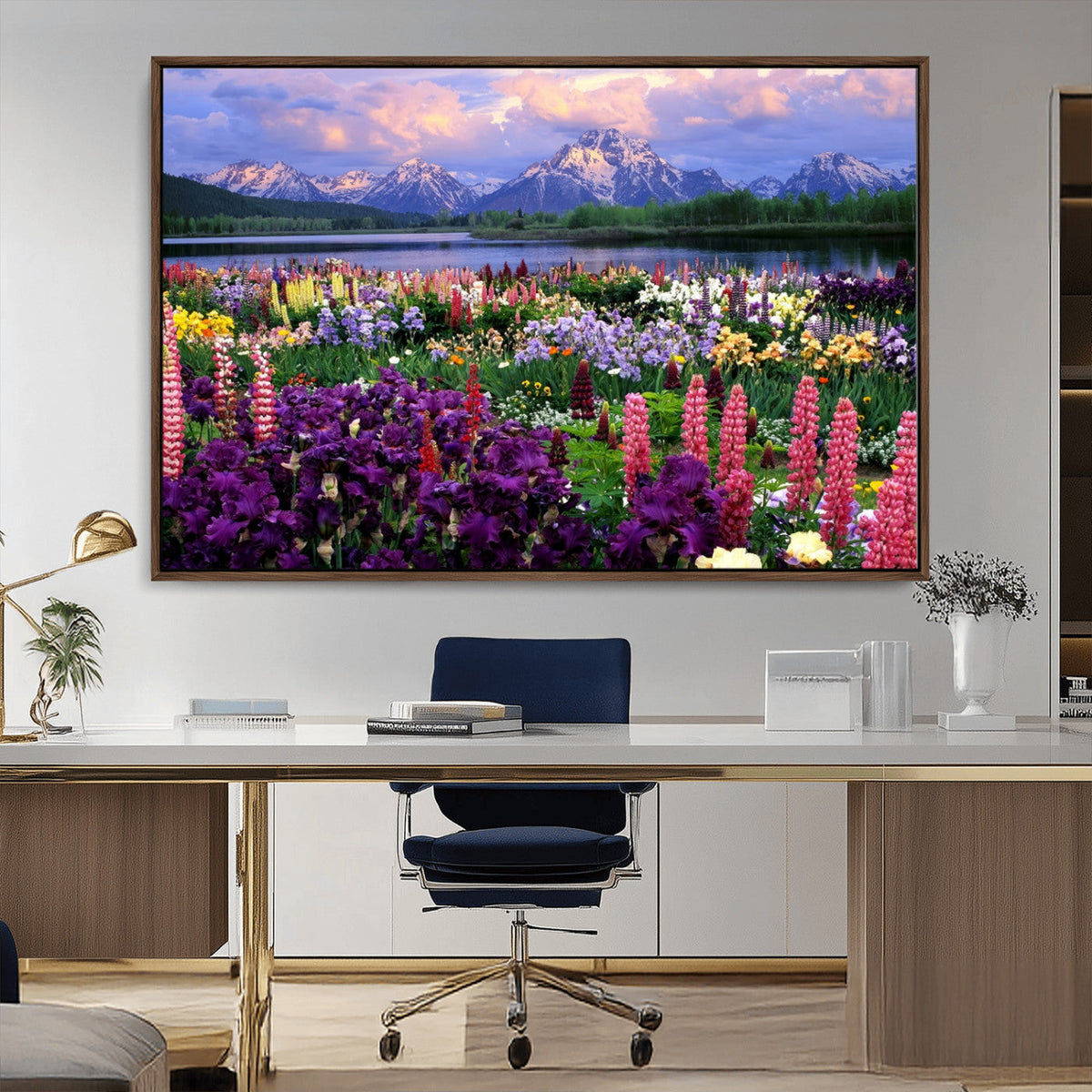 Vibrant Wildflower Garden and Mountain View Giclee Canvas