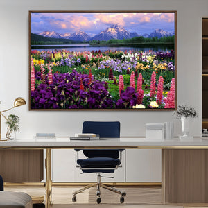 Vibrant Wildflower Garden and Mountain View Giclee Canvas