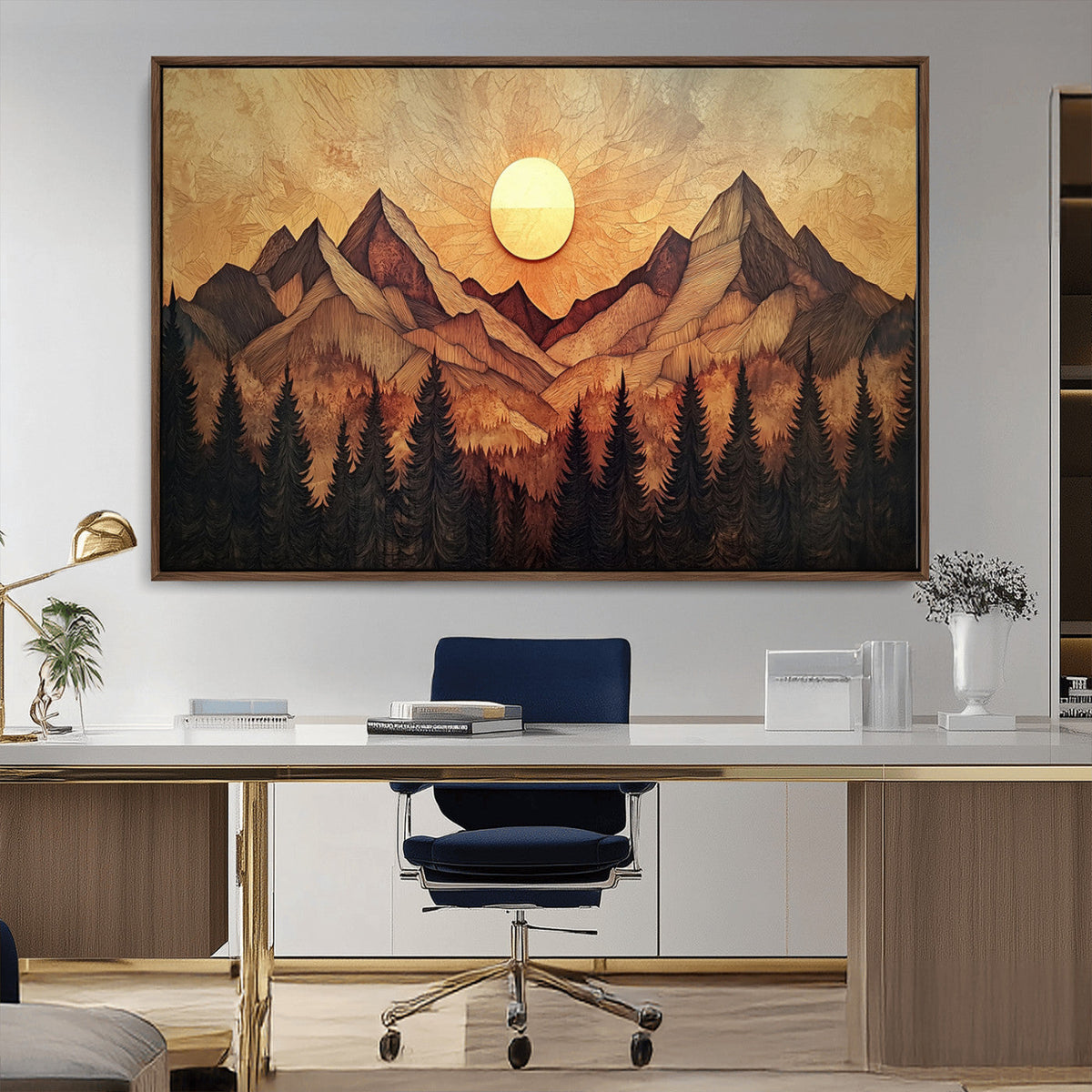 Wood Style Abstract Mountain Sunset Canvas Wall Art Print -