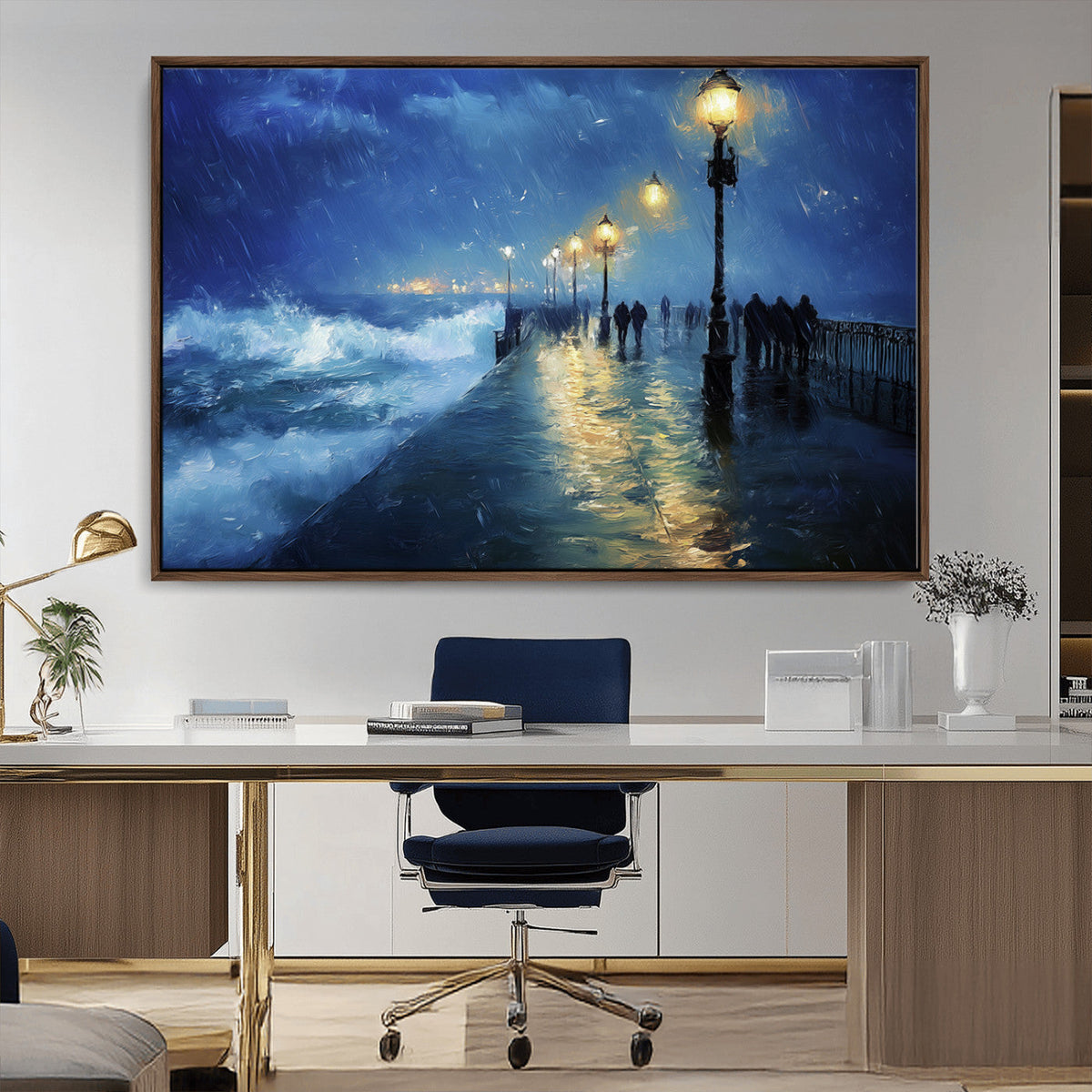 Storm Ocean Pier Canvas Wall Art Print - Large Moody Night