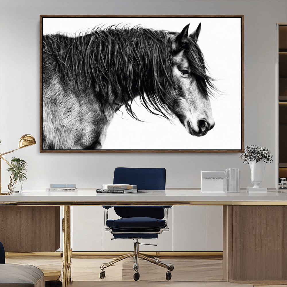 Majestic Horse Wall Art – Framed Black White Portrait Canvas