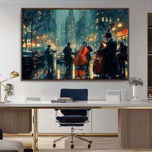 Urban Night Jazz Wall Art Canvas Print – Moody Rain-Soaked