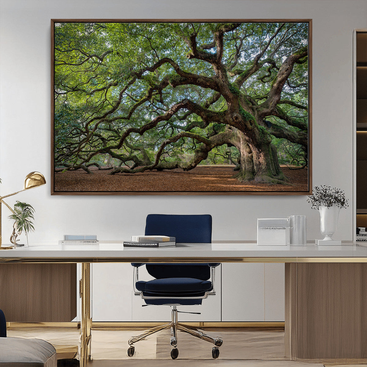 Historic Tree Wall Art – Framed Mossy Branch Canvas Artwork,