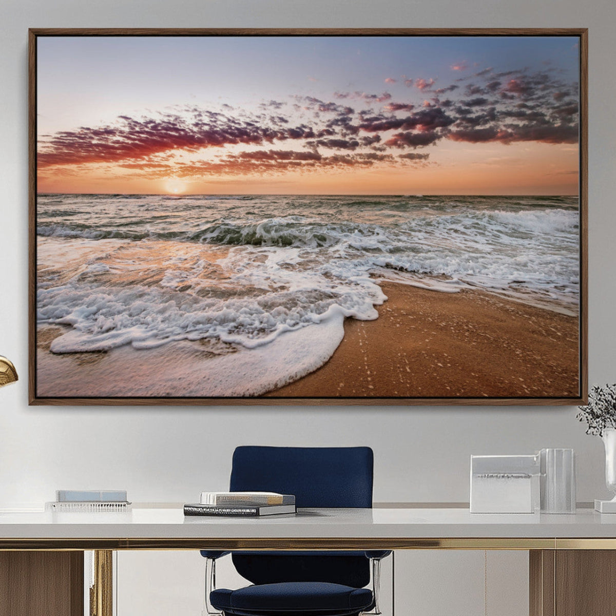 Ocean Sunset Wall Art Canvas Print – Framed Sandy Shore