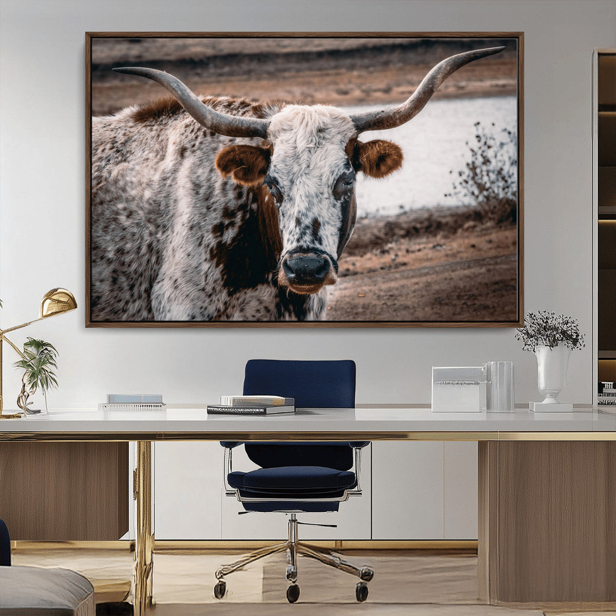 Texas Longhorn Wall Art Canvas Print – Framed Spotted Bull