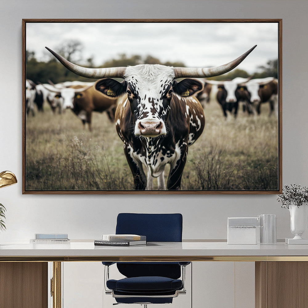 Texas Longhorn Wall Art – Framed Speckled Cow Canvas