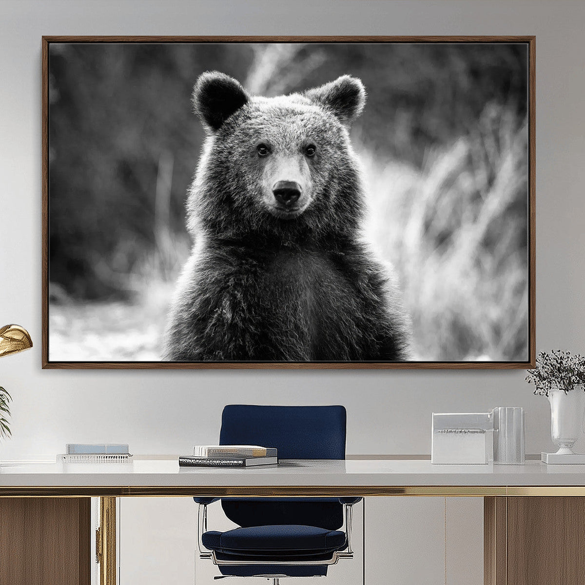 Grizzly Bear Wall Art Canvas Print – Framed Black White
