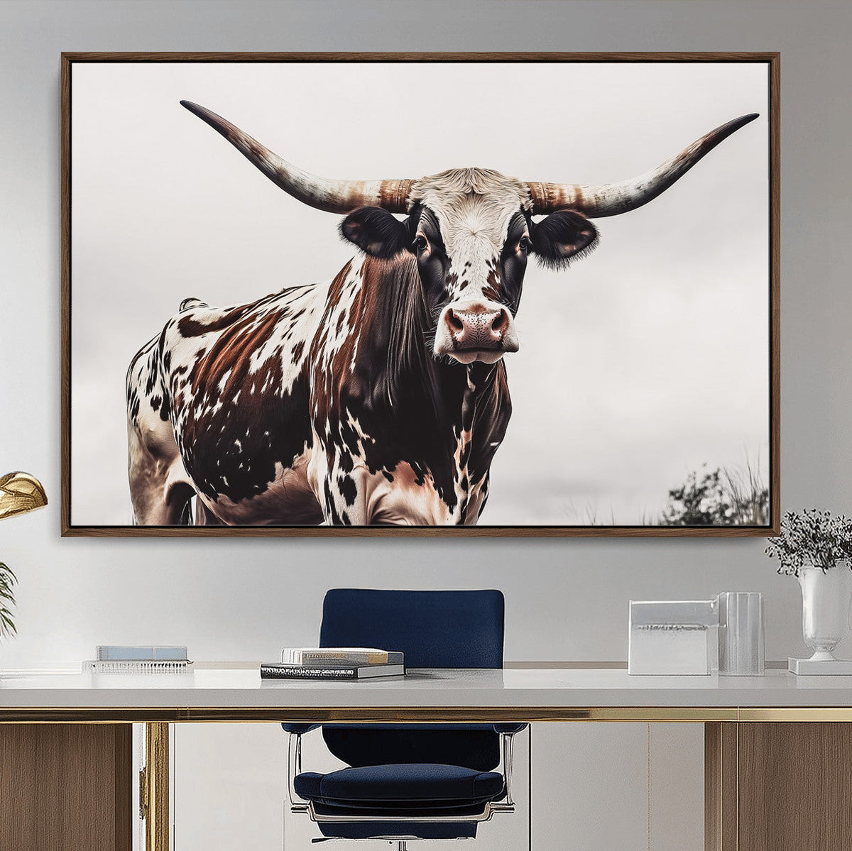 Texas Longhorn Wall Art Canvas Print – Framed Spotted Bull
