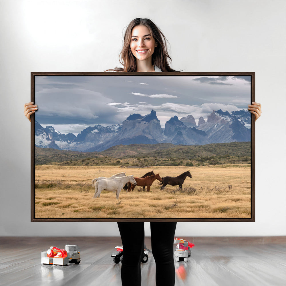 Grand Teton Park Wild Horses Wall Art Canvas Print – Framed
