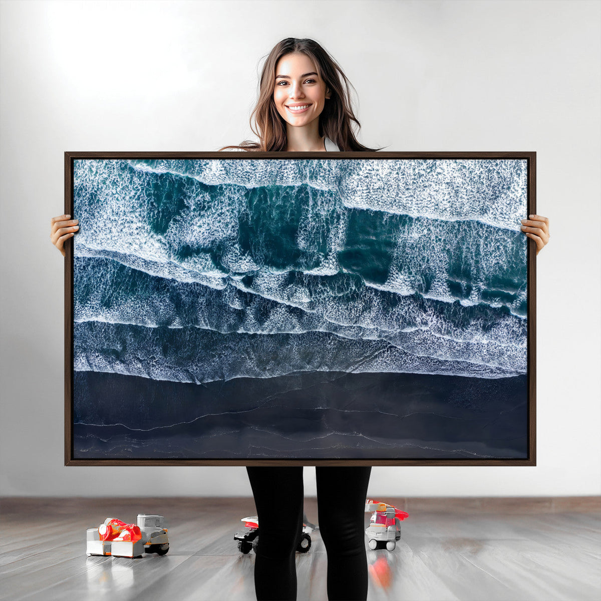 Black Beach Wall Art Canvas Print – Framed Aerial Ocean View