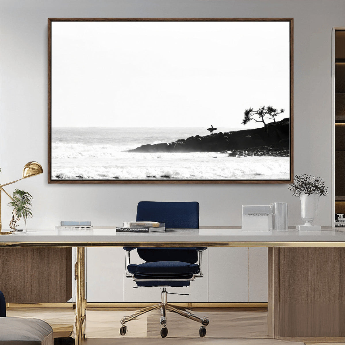 Surfer Cliffs Wall Art Canvas Print – Framed Black White