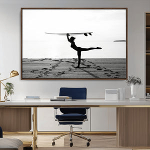 Yoga Surf Wall Art Canvas Print – Framed Black White Shore