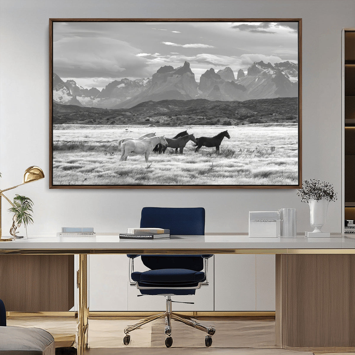 Wild Horses Wall Art Canvas Print – Framed Black and White