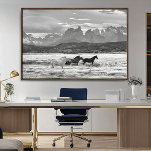 Wild Horses Wall Art Canvas Print – Framed Black and White
