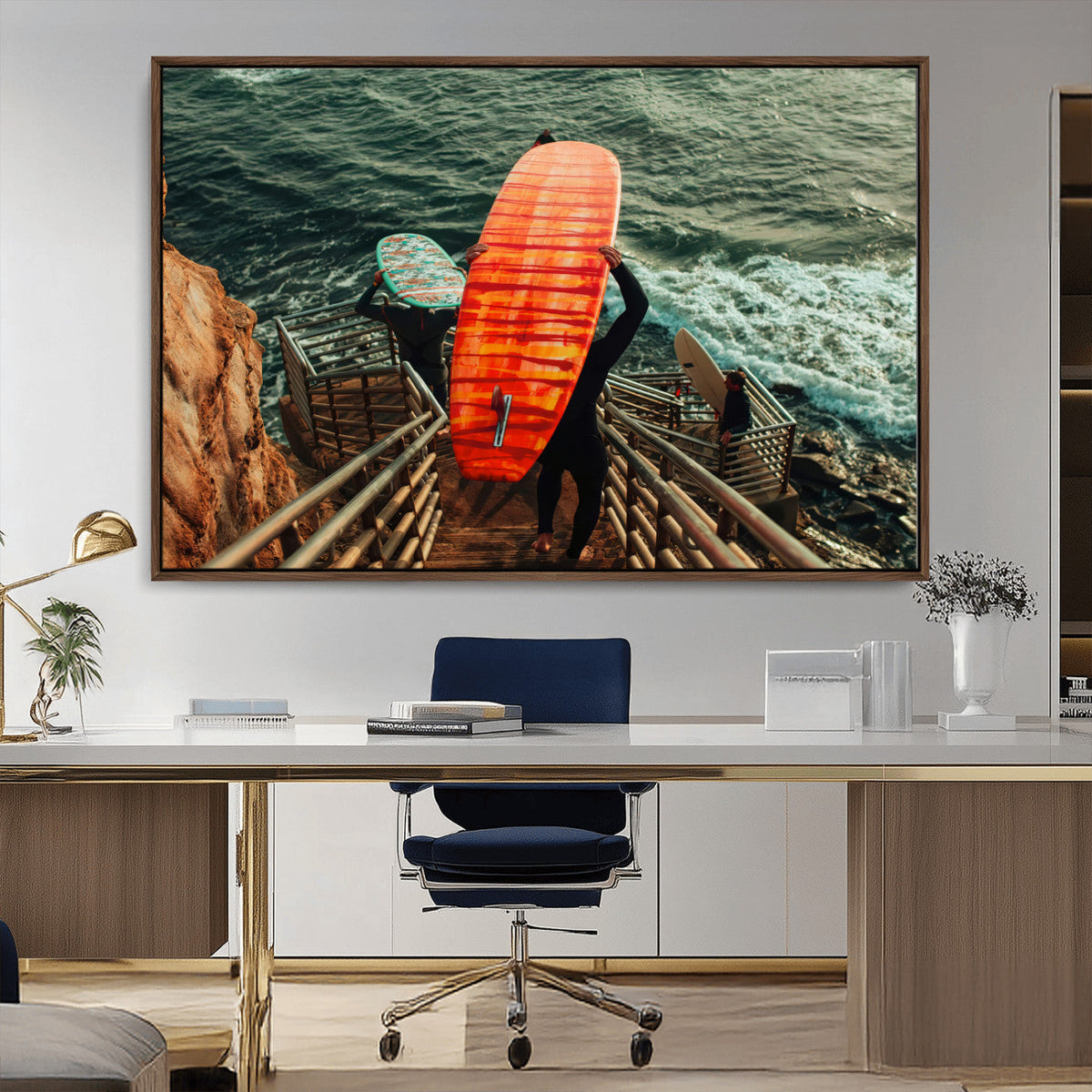 Surfer Stairway Wall Art Canvas Print – Framed Ocean Surf
